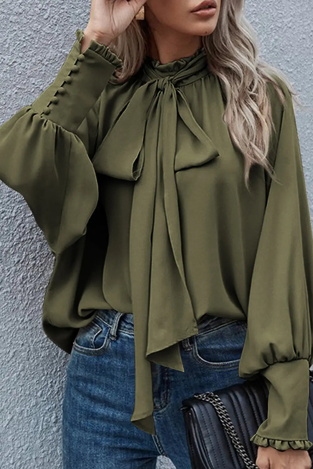 Jungle green frilled knotted mock neck bishop sleeve blouse - l / 100% polyester - blouses & shirts