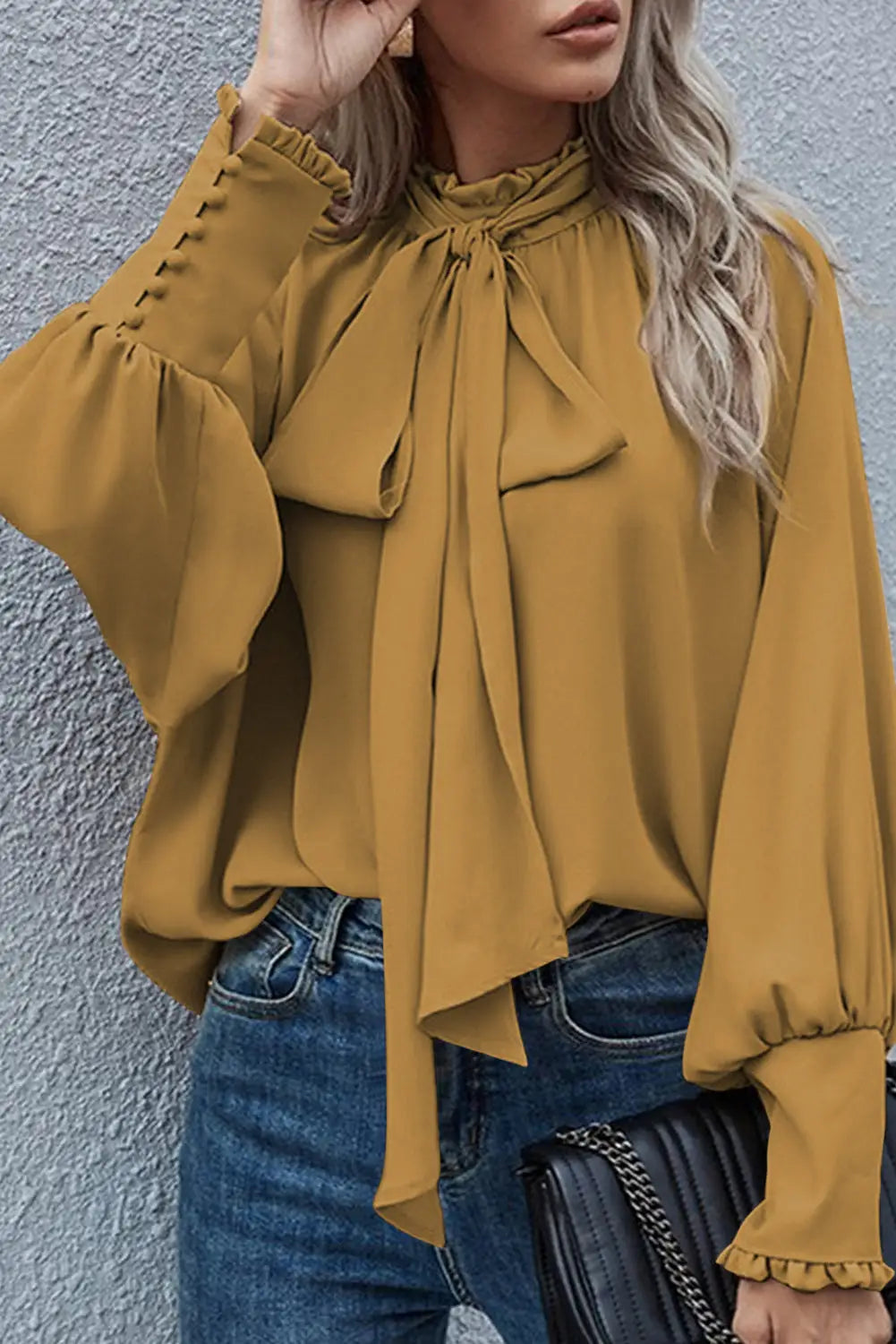 Jungle green frilled knotted mock neck bishop sleeve blouse - mustard / l / 100% polyester - blouses & shirts