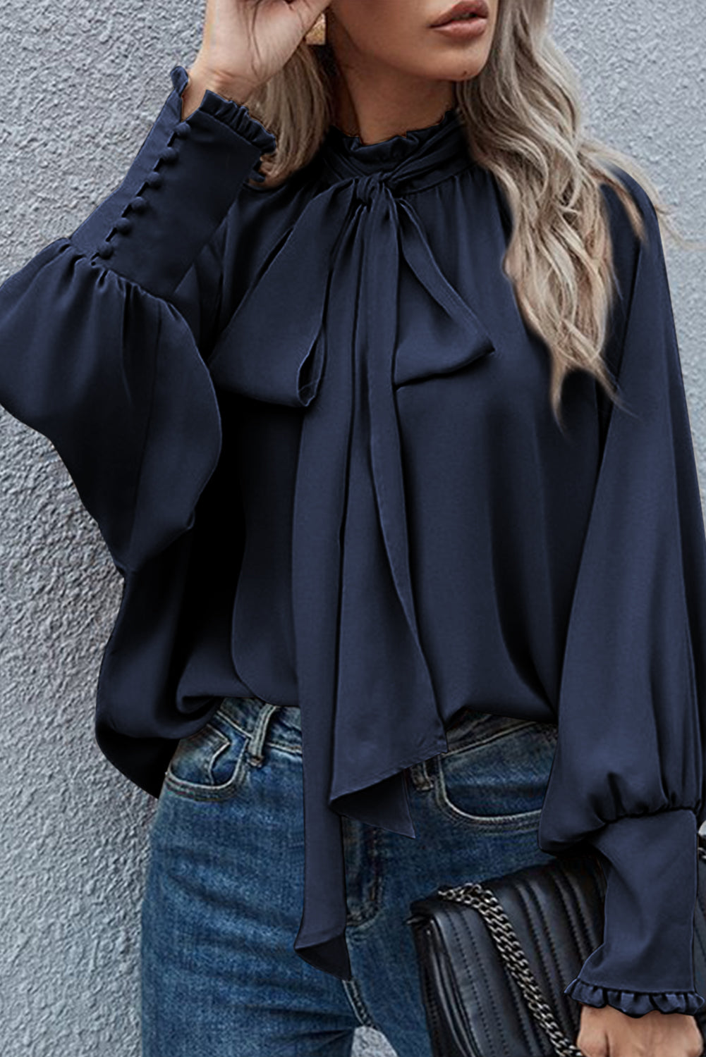 Jungle green frilled knotted mock neck bishop sleeve blouse - navy blue / l / 100% polyester - blouses & shirts
