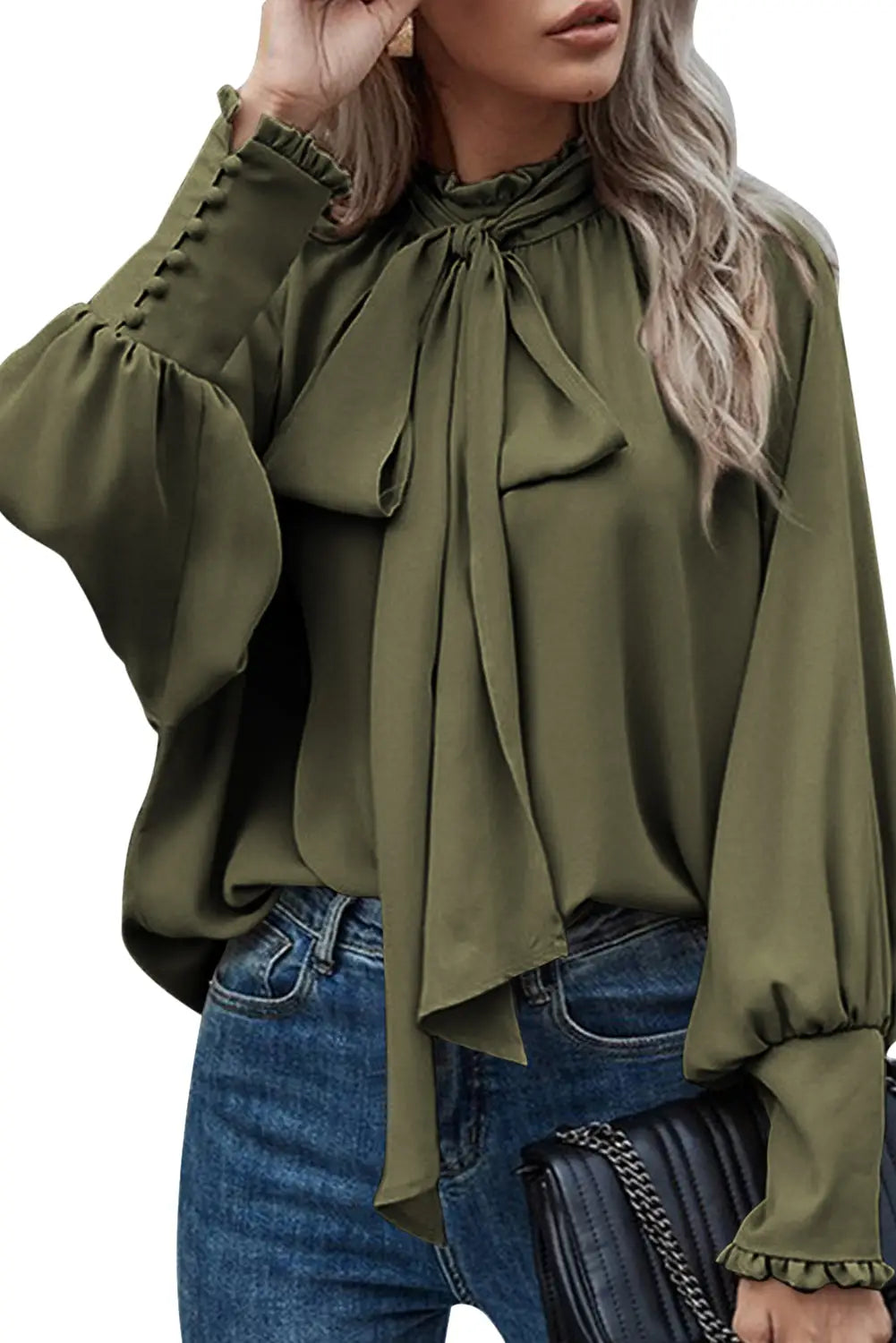 Jungle green frilled knotted mock neck bishop sleeve blouse - blouses & shirts