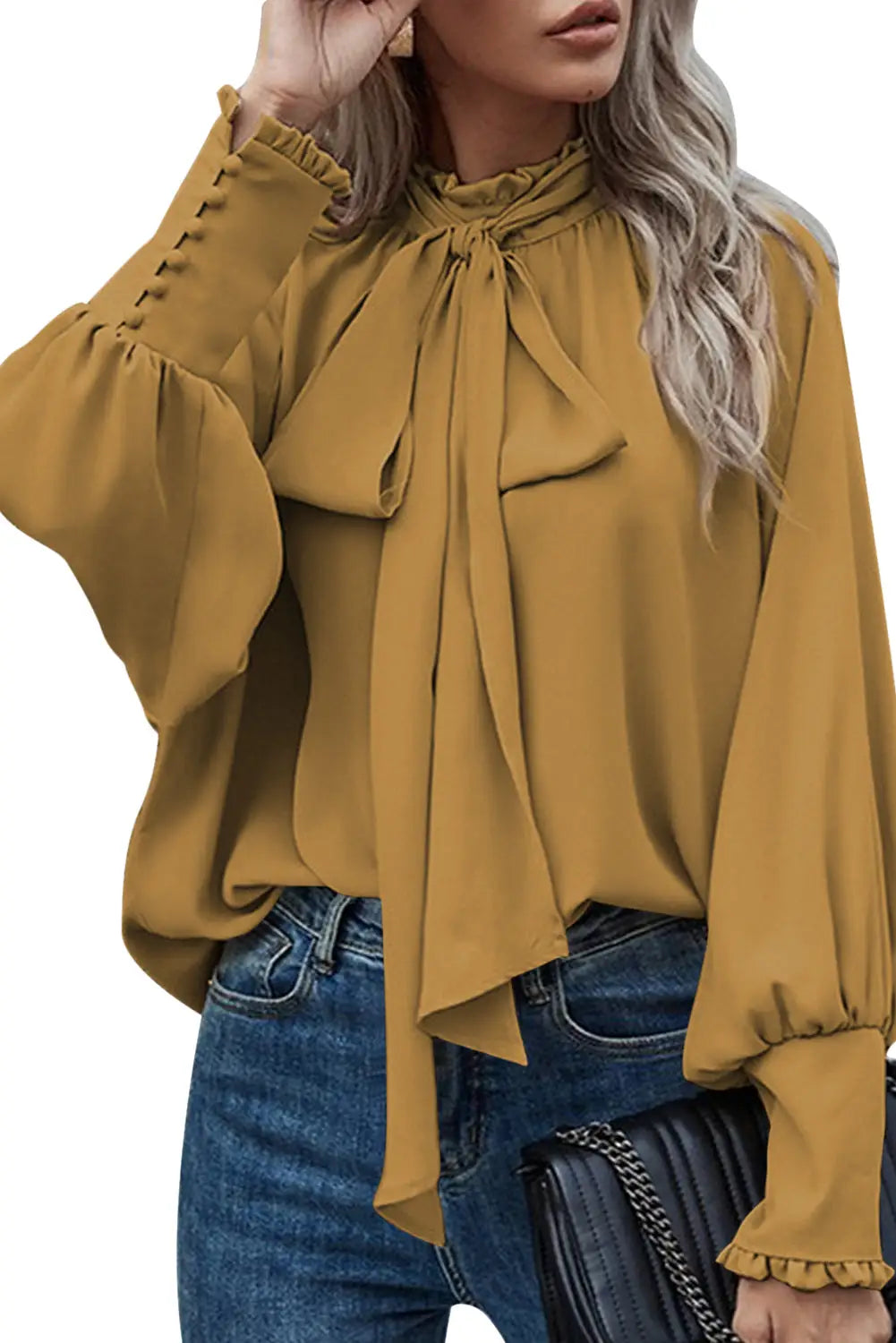 Jungle green frilled knotted mock neck bishop sleeve blouse - blouses & shirts