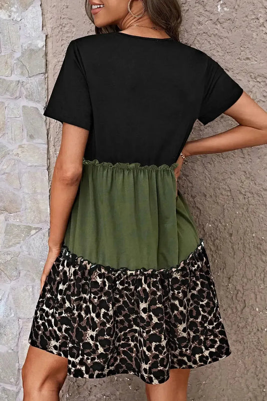 Jungle Green Leopard Print Color-block Frill Trim T-shirt Dress - Fashionfitz