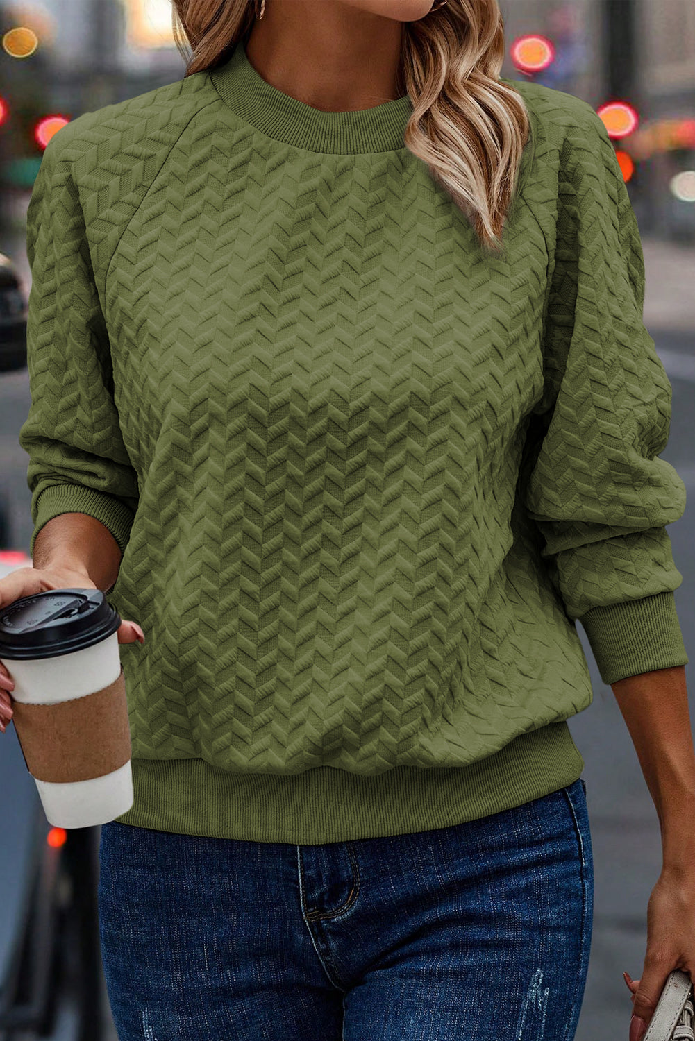 Jungle green solid textured raglan sleeve pullover sweatshirt - l / 95% polyester + 5% elastane - sweaters & cardigans