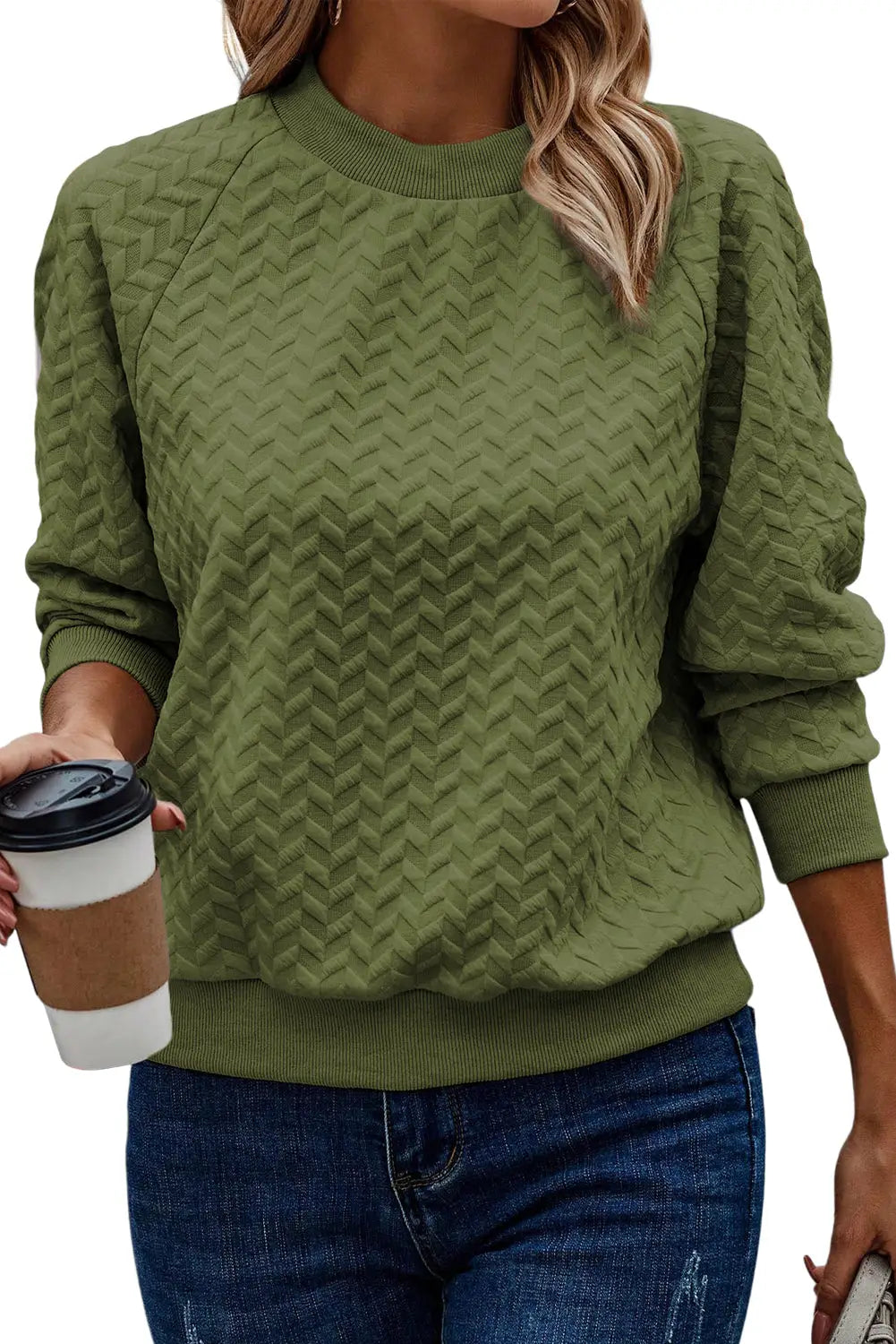 Jungle green solid textured raglan sleeve pullover sweatshirt - sweaters & cardigans