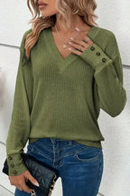 Jungle Green Textured Knit V Neck Button Cuffs Long Sleeve Top - Fashionfitz