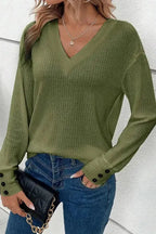 Jungle Green Textured Knit V Neck Button Cuffs Long Sleeve Top - Fashionfitz