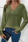 Jungle green textured knit v neck button cuffs long sleeve top - tops