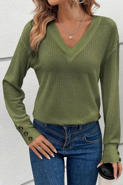 Jungle green textured knit v neck button cuffs long sleeve top - l / 70% polyester + 27% viscose + 3% elastane - tops