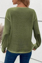 Jungle Green Textured Knit V Neck Button Cuffs Long Sleeve Top - Fashionfitz