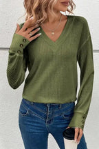 Jungle Green Textured Knit V Neck Button Cuffs Long Sleeve Top - Fashionfitz