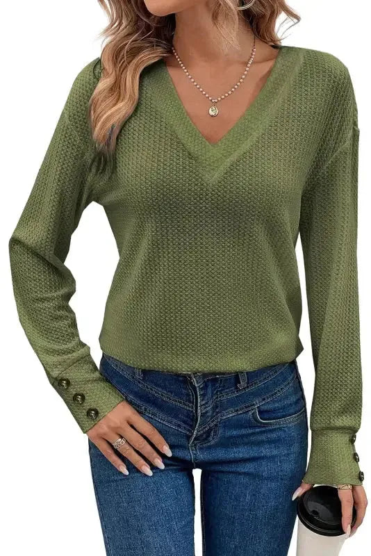 Jungle Green Textured Knit V Neck Button Cuffs Long Sleeve Top - Fashionfitz