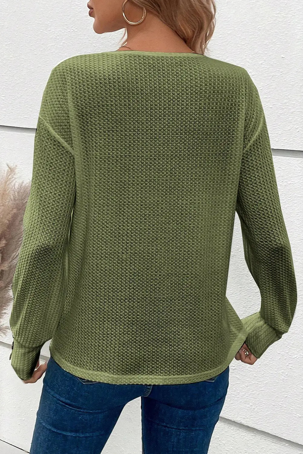 Jungle green textured knit v neck button cuffs long sleeve top - tops