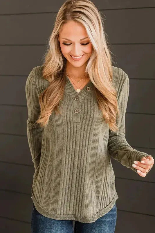 Jungle Green V Neck Buttoned Ribbed Knit Top - Fashionfitz