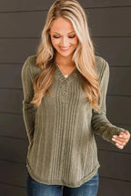 Jungle Green V Neck Buttoned Ribbed Knit Top - Fashionfitz