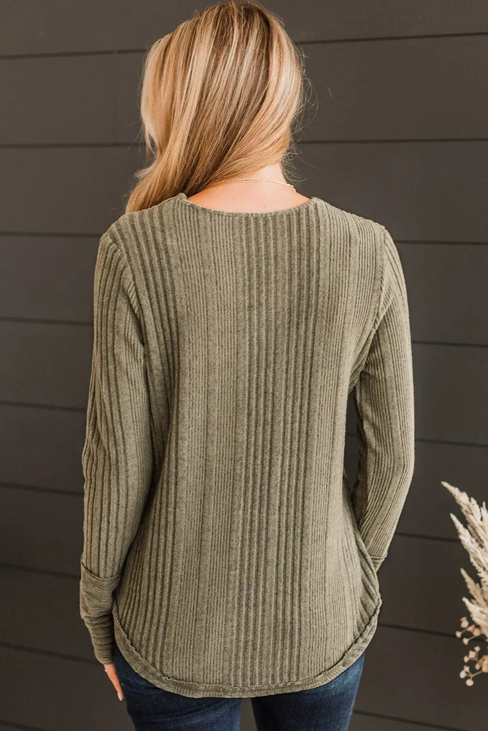 Jungle green v neck buttoned ribbed knit top - long sleeve tops