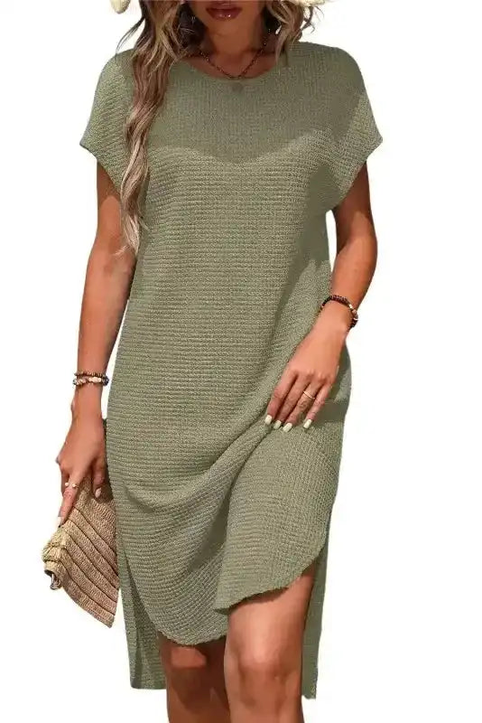 Front view of Jungle Green Waffle T-shirt Dress on white background, highlighting batwing sleeves and relaxed fit for summer comfort.