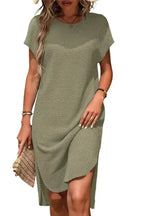 Jungle Green Waffle Texture Curved Hem Side Slit T-shirt Dress - Fashionfitz