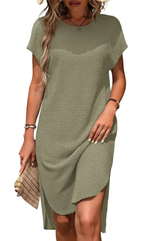 Jungle green waffle texture curved hem side slit t-shirt dress - t-shirt dresses