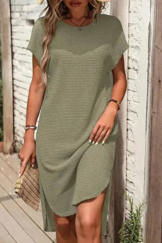 Jungle Green Waffle Texture Curved Hem Side Slit T-shirt Dress - Fashionfitz