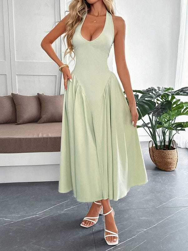 maxi dresses Pale green / S French Elegant Halter Maxi Dress