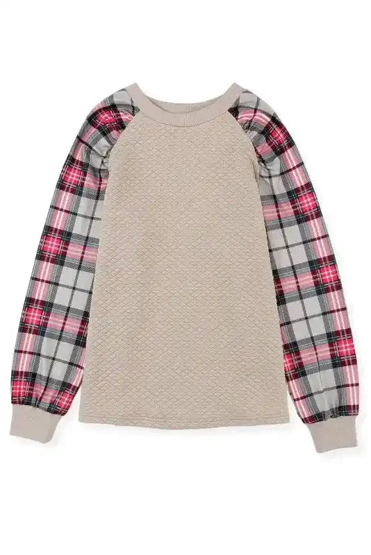 Studio flat lay of quilted hooded dress with plaid sleeves, perfect for casual fashion with a cozy, stylish touch.
