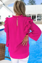 Keyhole-Back Pleated Ruffle Trim Blouse - Fashionfitz