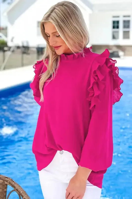 Keyhole-Back Pleated Ruffle Trim Blouse - Fashionfitz