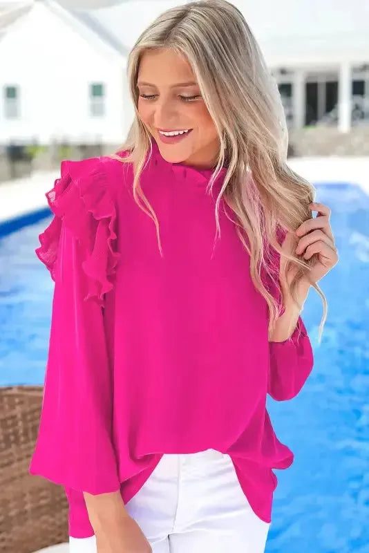Keyhole-Back Pleated Ruffle Trim Blouse - Fashionfitz