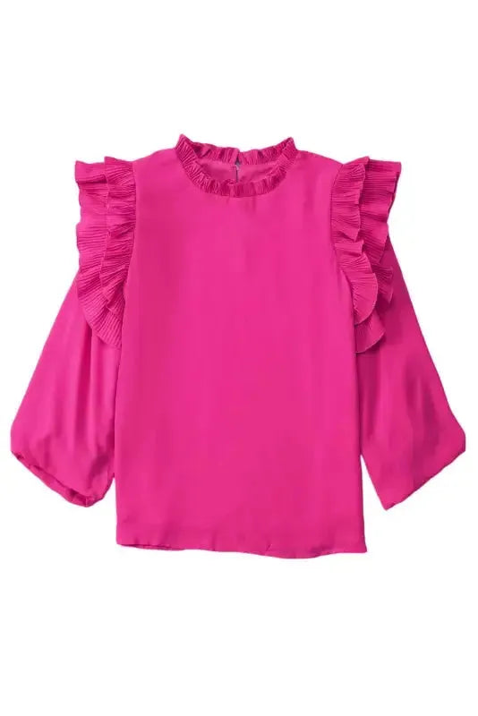 Keyhole-Back Pleated Ruffle Trim Blouse - Fashionfitz