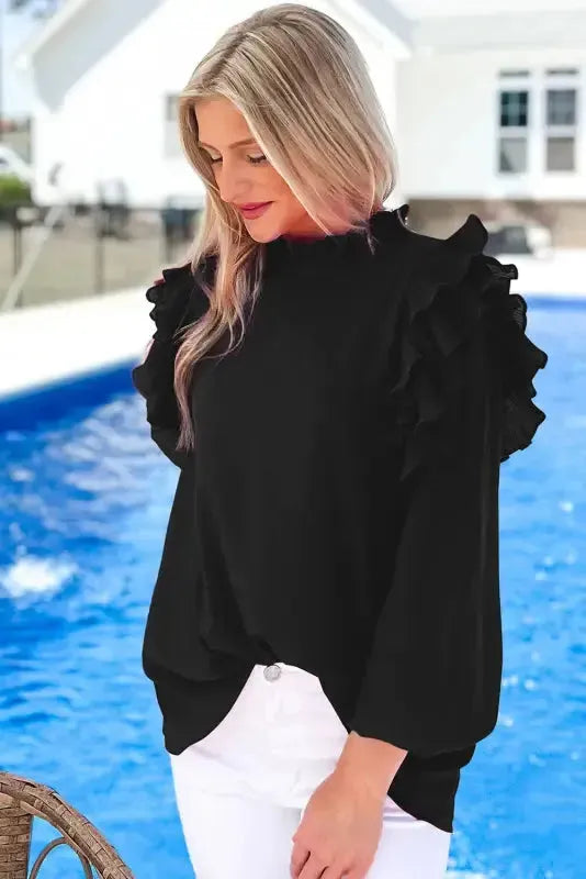 Keyhole-Back Pleated Ruffle Trim Blouse - Fashionfitz