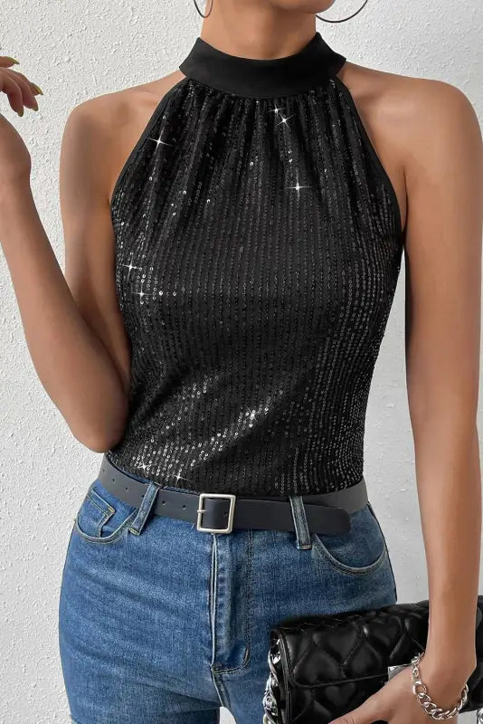 Black keyhole tie back sequined tank top - tops