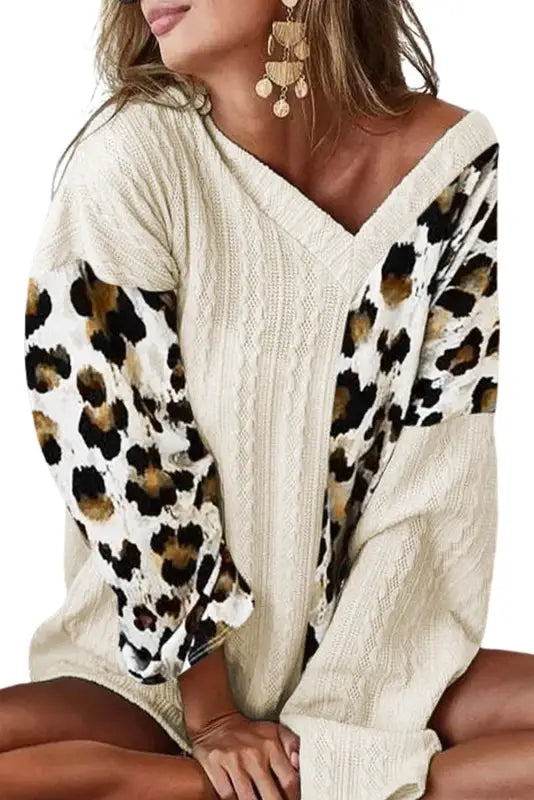 Khaki asymmetric leopard patchwork wide sleeve v neck sweater - sweaters & cardigans