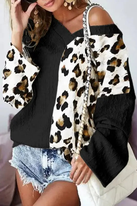 Khaki asymmetric leopard patchwork wide sleeve v neck sweater - sweaters & cardigans