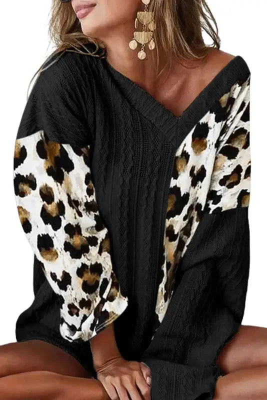 Khaki asymmetric leopard patchwork wide sleeve v neck sweater - sweaters & cardigans