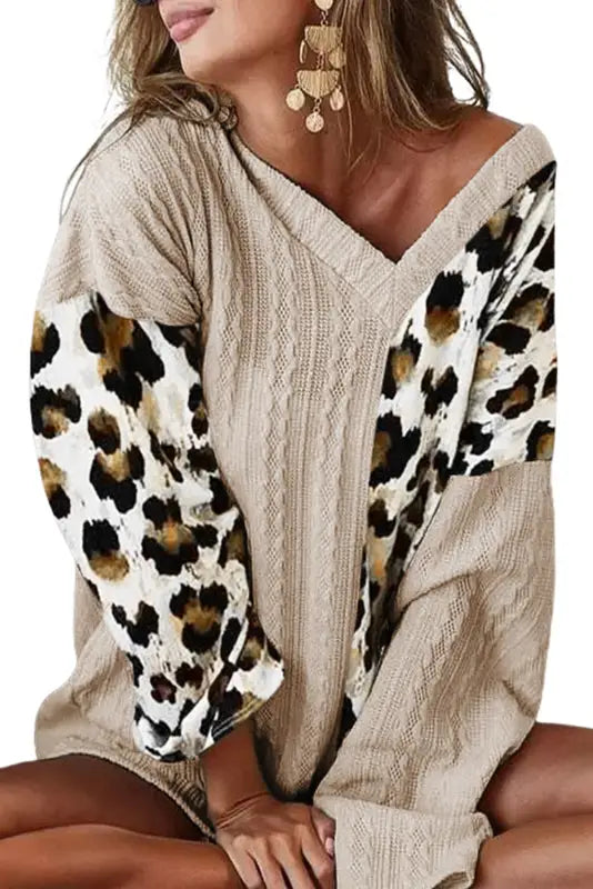 Khaki asymmetric leopard patchwork wide sleeve v neck sweater - sweaters & cardigans