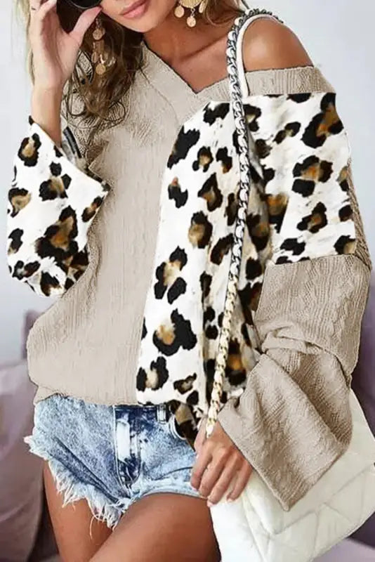 Khaki asymmetric leopard patchwork wide sleeve v neck sweater - sweaters & cardigans