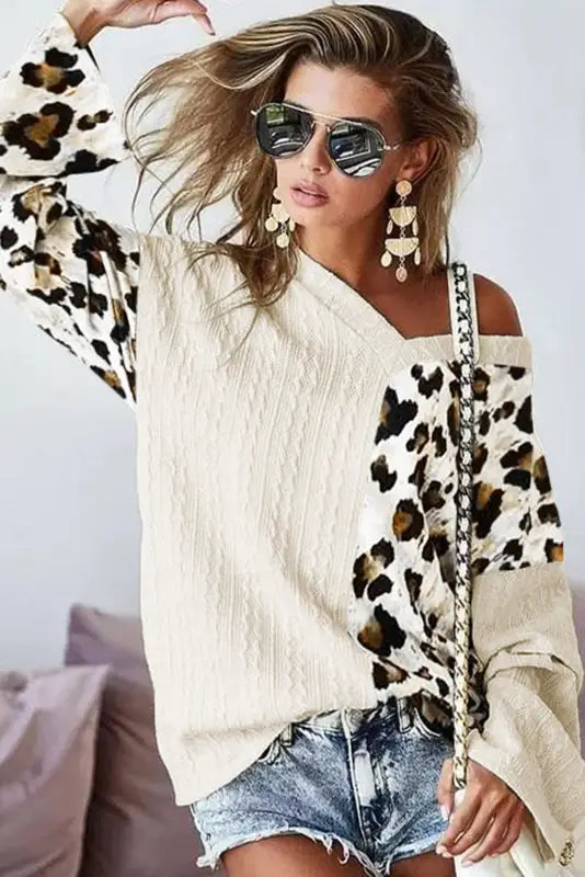 Khaki asymmetric leopard patchwork wide sleeve v neck sweater - sweaters & cardigans