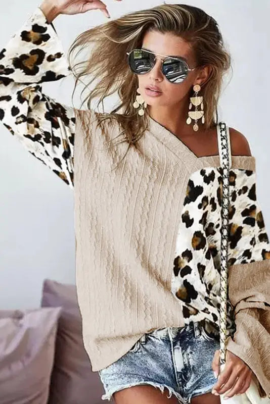 Khaki asymmetric leopard patchwork wide sleeve v neck sweater - sweaters & cardigans