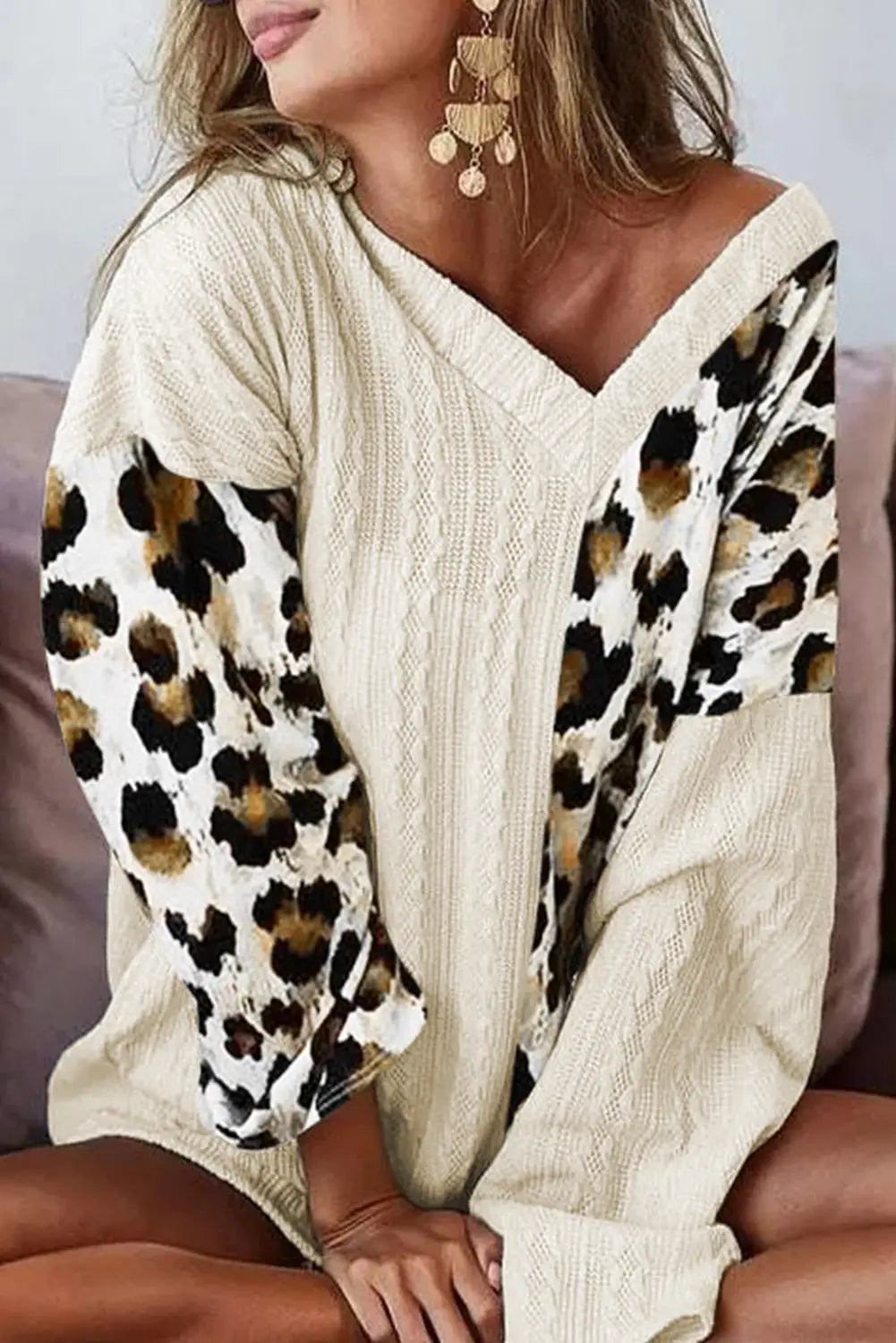 Khaki asymmetric leopard patchwork wide sleeve v neck sweater - beige / s / 100% polyester - sweaters & cardigans