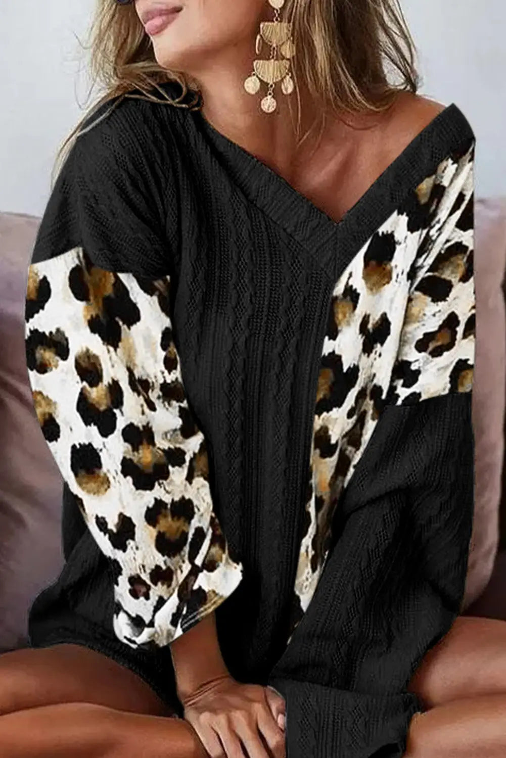 Khaki asymmetric leopard patchwork wide sleeve v neck sweater - black / s / 100% polyester - sweaters & cardigans