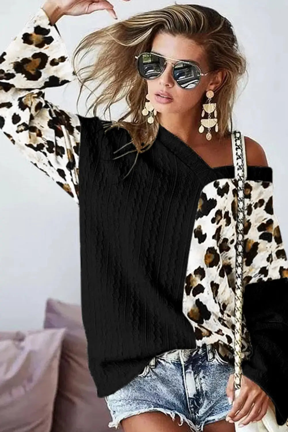 Khaki asymmetric leopard patchwork wide sleeve v neck sweater - sweaters & cardigans