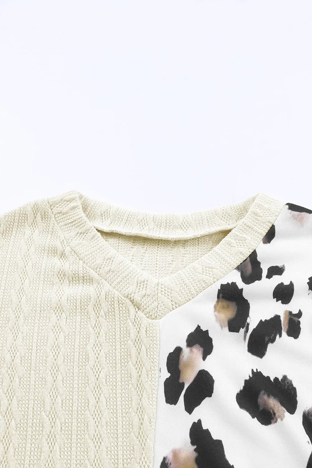 Khaki asymmetric leopard patchwork wide sleeve v neck sweater - sweaters & cardigans
