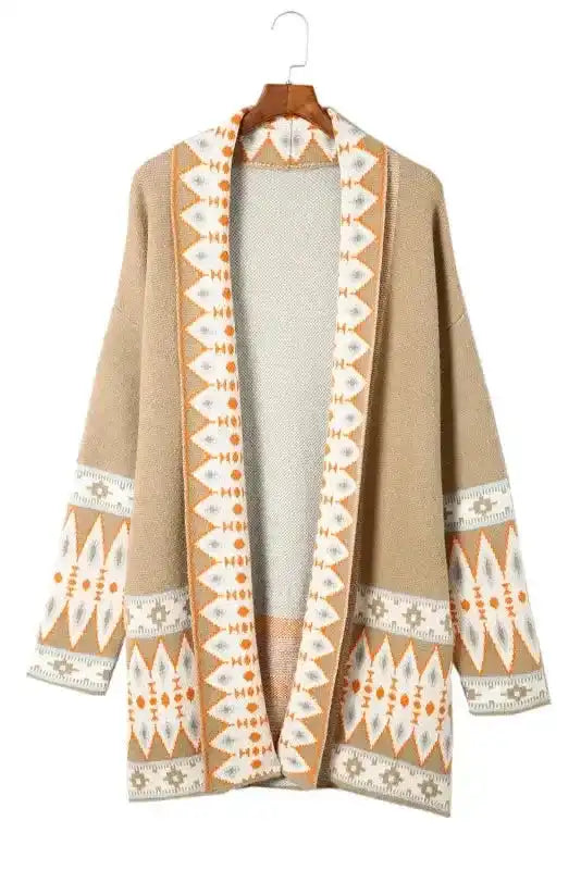 Full front view of Khaki Aztec Knit Duster Cardigan on hanger, featuring open front and bold Aztec design.