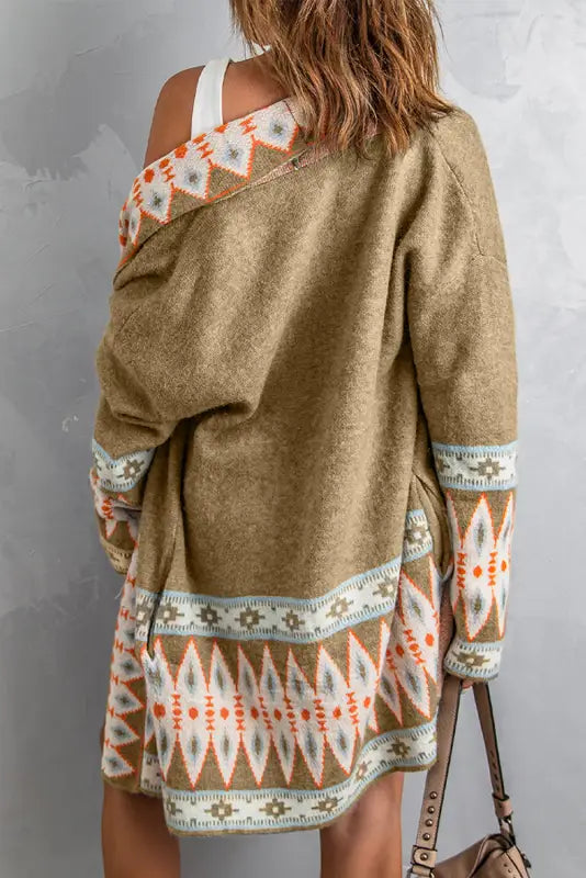 Khaki aztec knit duster cardigan - cardigans