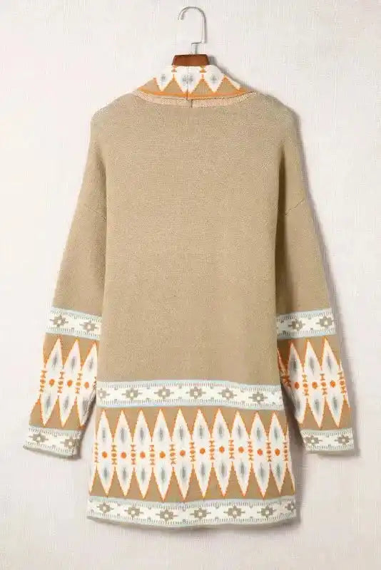 Back flat view of Khaki Aztec Knit Duster Cardigan showing clean khaki base with Aztec print along hem and sleeves.