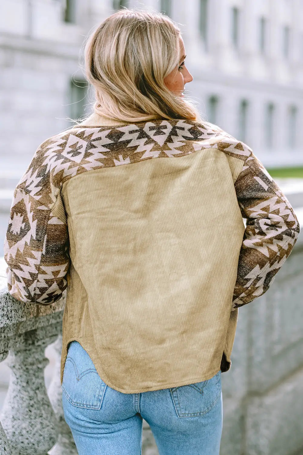 Khaki aztec print patchwork frayed edge corduroy jacket - jackets