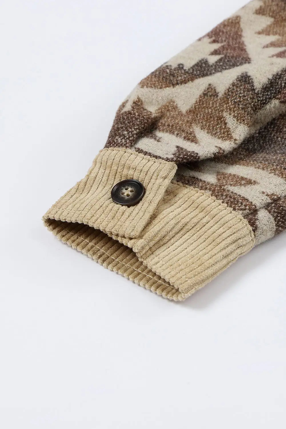 Khaki aztec print patchwork frayed edge corduroy jacket - jackets
