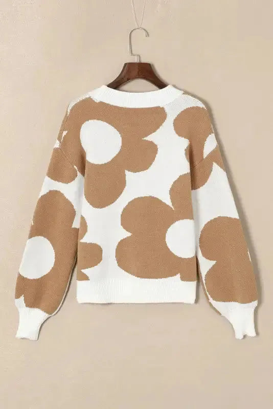 Khaki Big Flower Pattern Drop Shoulder Sweater - Fashionfitz