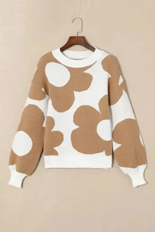 Khaki Big Flower Pattern Drop Shoulder Sweater - Fashionfitz