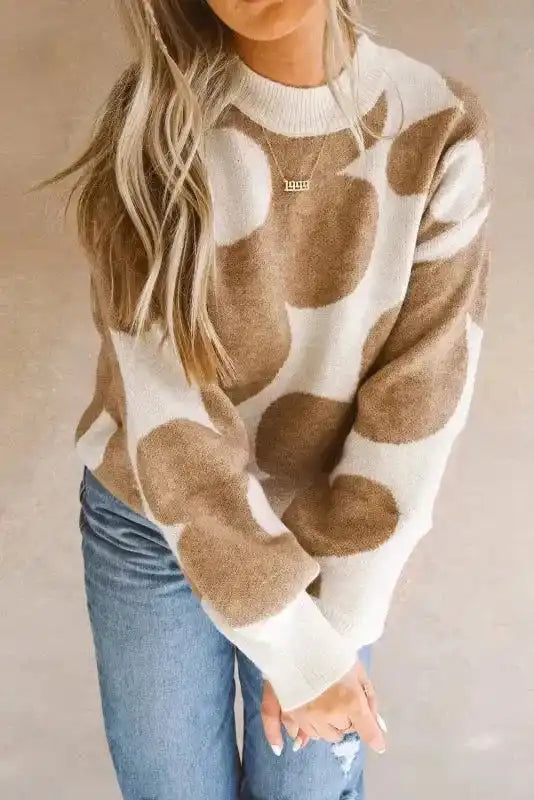Relaxed fit Khaki Floral Drop Shoulder Sweater styled casually with denim, ideal for daily wear and fall layering.